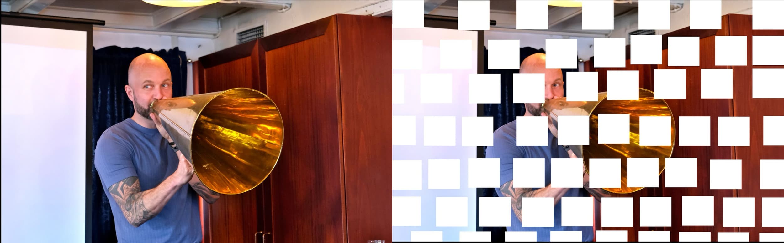 Figure 2: Even if we can’t see the entire picture, enough “data” is present for us to understand what it depicts. In this case our CEO Jens is telling us to report our OKRs, much like how an ML model uses data to approximate an underlying function.