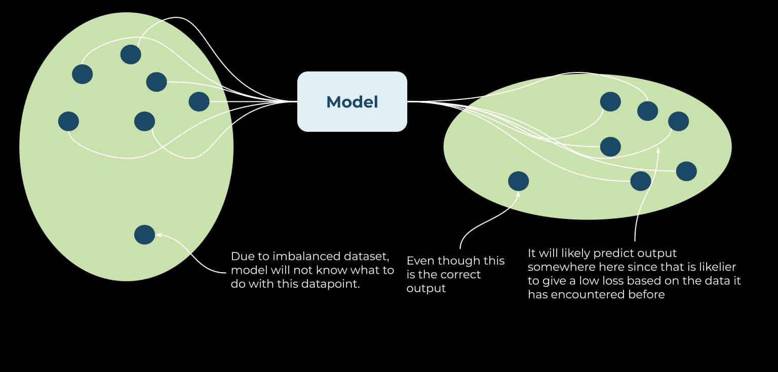 Figure 9: This shows the technical issue of imbalanced data. Since the model is trying to “minimize loss” it will likely predict an output that it has seen often before, since, to the model, that output is more probable.