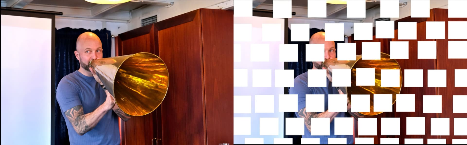 Figure 2: Even if we can’t see the entire picture, enough “data” is present for us to understand what it depicts. In this case our CEO Jens is telling us to report our OKRs, much like how an ML model uses data to approximate an underlying function.